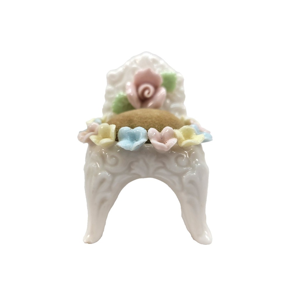 Pin Cushion Ardalt White Porcelain Chair Multi Colored Flowers Japan Vintage
